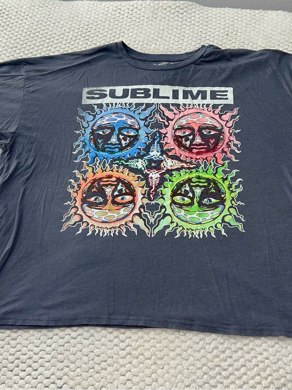 Sublime Black Graphic Band Tee with Colorful Sun Faces